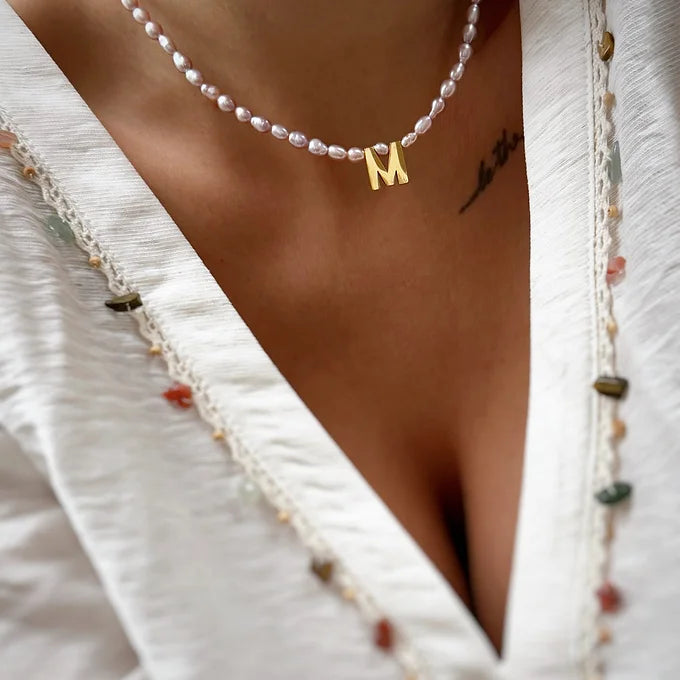 Silver rose pearls w/ letter